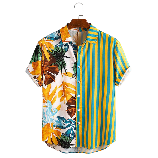 Men Tropical Leaf Colorful Stripe Mixed Print Short Sleeve Casual Shirts