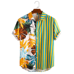 Men Tropical Leaf Colorful Stripe Mixed Print Short Sleeve Casual Shirts