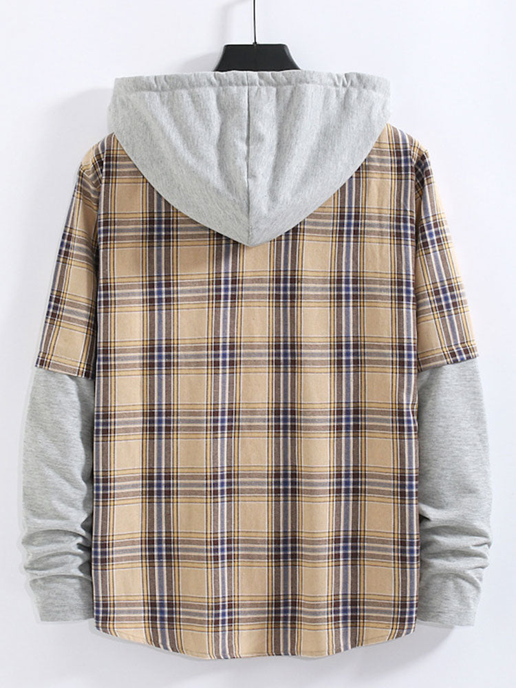 Men's Campus Style Spliced Fake Two Sleeves Plaid Hooded Shirt