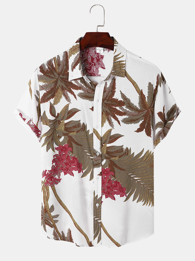 Men Tropical Leaf Hawaii Style Casual Skin Soft Short Sleeves Hawaiian Shirts