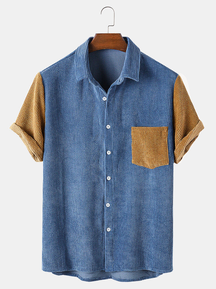 Mens Corduroy Patchwork Turn Down Collar Short Sleeve Shirts