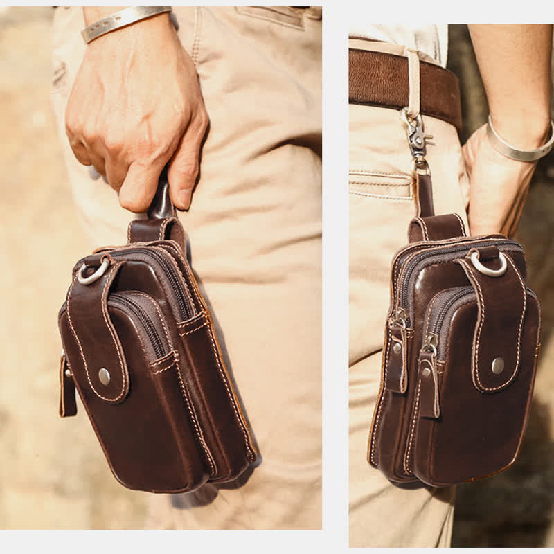 Men's Retro Classic Leather EDC Messenger Shoulder Bag Business Waist Bag Phone Bag