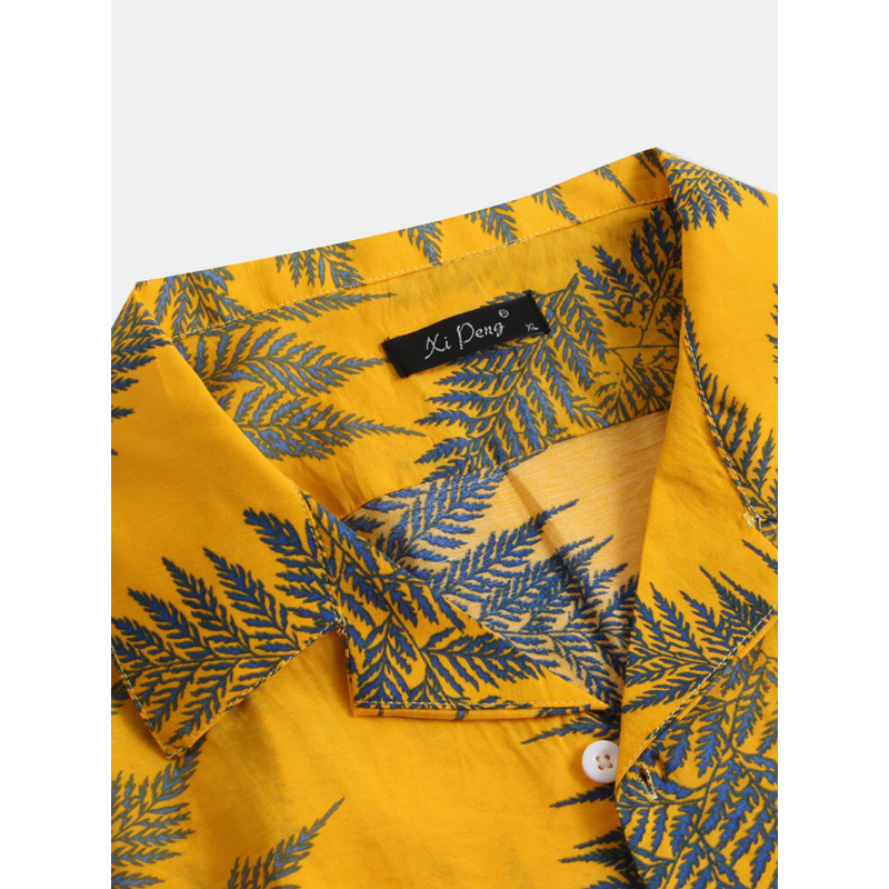 Pine Leaves Print Cotton Short Sleeve Relaxed Shirts