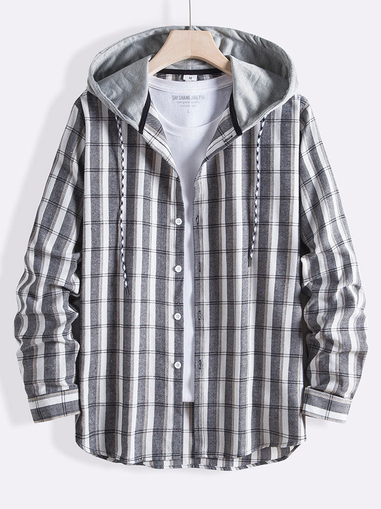 Men's Plaid Drawstring Hooded Lapel Casual Long Sleeve Shirt