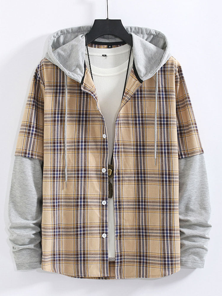 Men's Campus Style Spliced Fake Two Sleeves Plaid Hooded Shirt