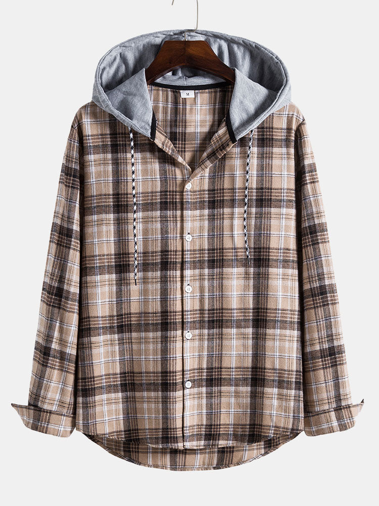 Men's Contrasting Retro Hooded Long-sleeved Shirt Casual Patchwork Button-down Shirt