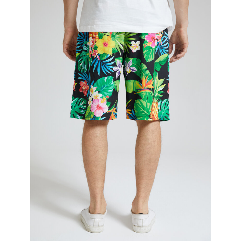 Mens Tropical Pineapple Print Holiday Mid Length Hawaii Style Drawstring Shorts