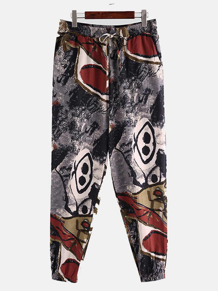 Men Cotton Ethnic Graffiti Print Oriental Harem Pants Plus Size