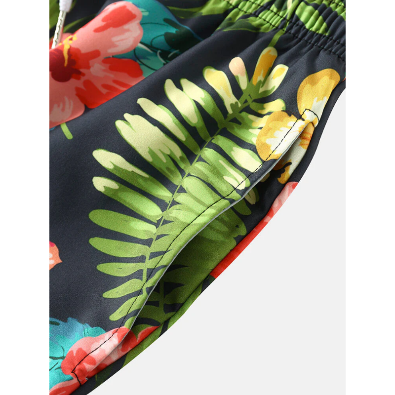 Mens All Over Flower Leaf Print Holiday Drawstring Hawaii Style Shorts