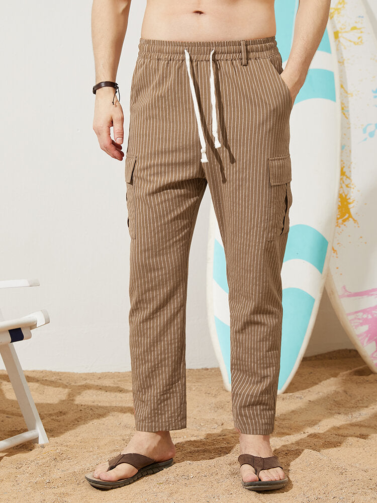 Men Pinstriped Utility Flat Pocket Ankle Length Drawstring Long Pants