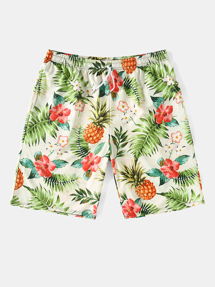 Mens All Over Pineapple Floral Print Holiday Hawaii Style Drawstring Shorts