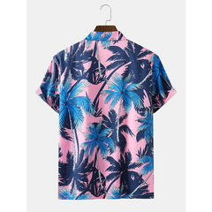 Men's Holiday Coconut Tree Print Short Sleeve Shirt Hawaiian Beach Simple Cardigan