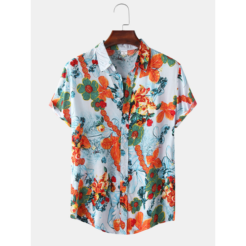 Mens Floral Oil Printing Short Sleeve Shirts