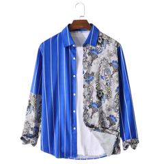 Men Stripe Paisley Patchworok Button Up Casual Long Sleeve Shirts