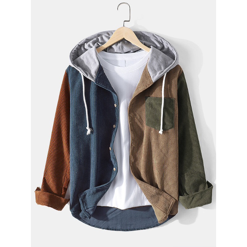 Mens Patchwork Corduroy Long Sleeve Hooded Shirts