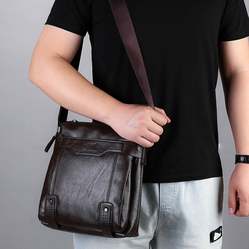 Vintage Men Leather Shoulder Bag Vertical Lightweight Messenger Business Bag