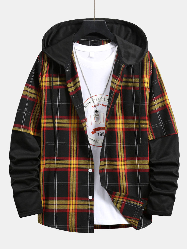 Men's Loose Plaid Long Sleeve Drawstring Patchwork Hooded Shirt