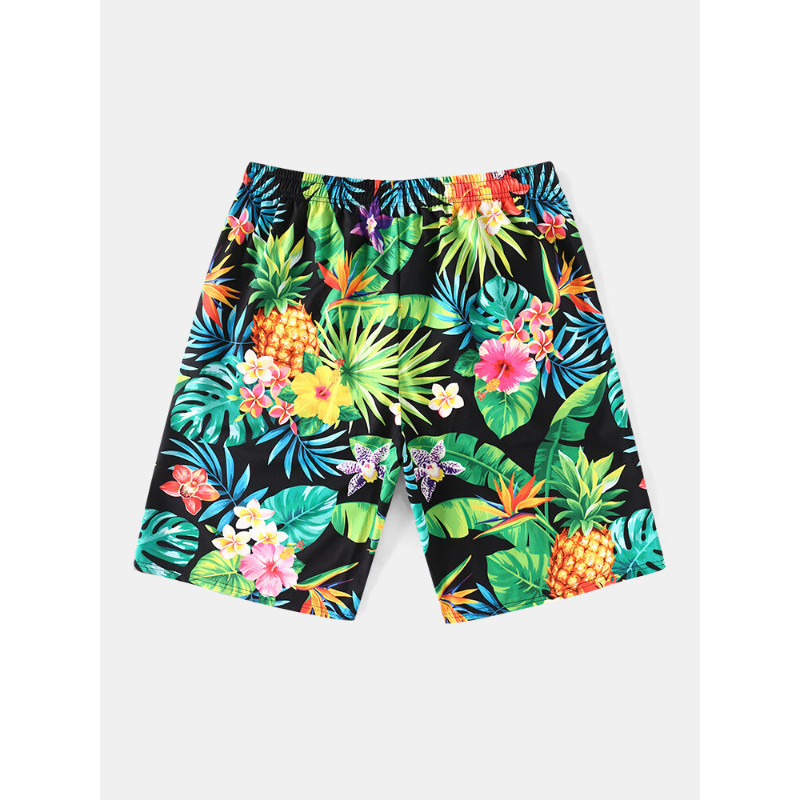 Mens Tropical Pineapple Print Holiday Mid Length Hawaii Style Drawstring Shorts