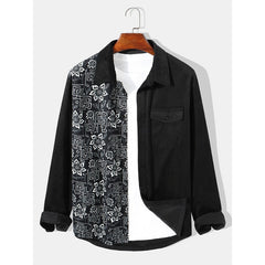 Mens Floral Ornament Flat Pocket Lapel Long Sleeve Shirts