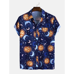 Men Sun Moon Print Short Sleeve Relaxed Shirts