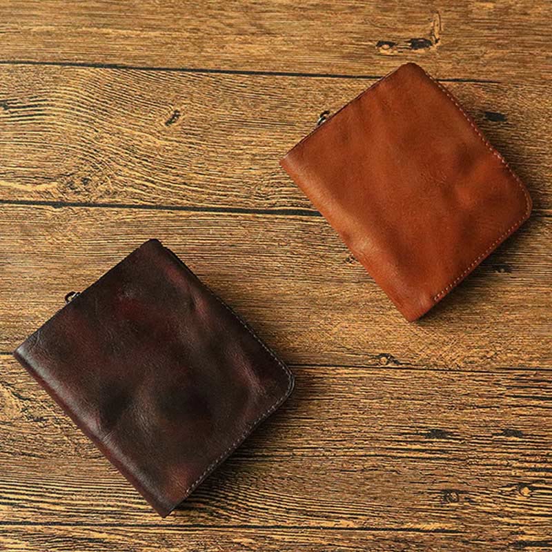 Men's Vintage Crinkled Leather Wallet Bifold Short Zipper Coin Card Holder