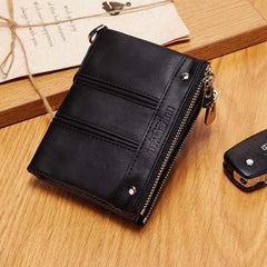 RFID Blocking Anti-theft Chain Bifold Wallet Men's Vintage Double Zipper Leather Wallet