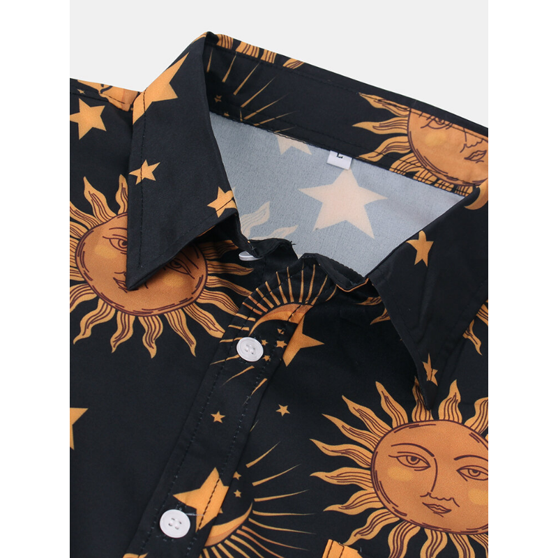 Men Sun Moon Print Short Sleeve Relaxed Shirts