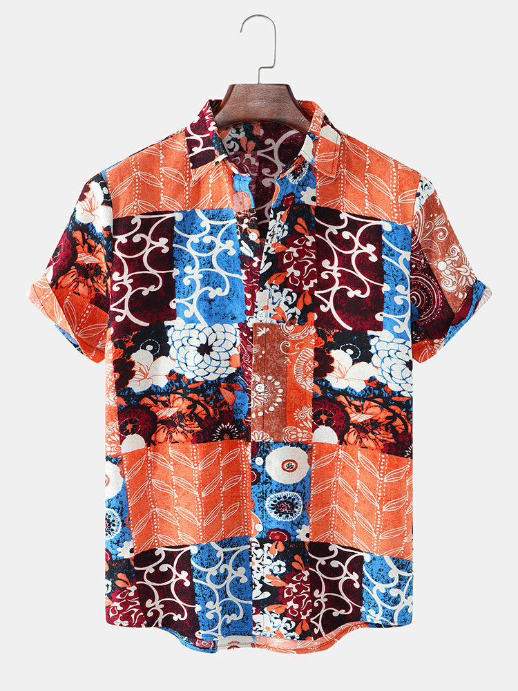 Mens Floral Mixed Print Patchwork Lapel Short Sleeve Holiday Casual Shirt