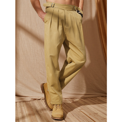 Men Solid Color Belted Buckle Designed Ankle Length Pants