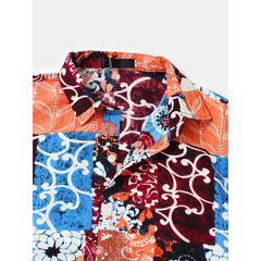 Mens Floral Mixed Print Patchwork Lapel Short Sleeve Holiday Casual Shirt