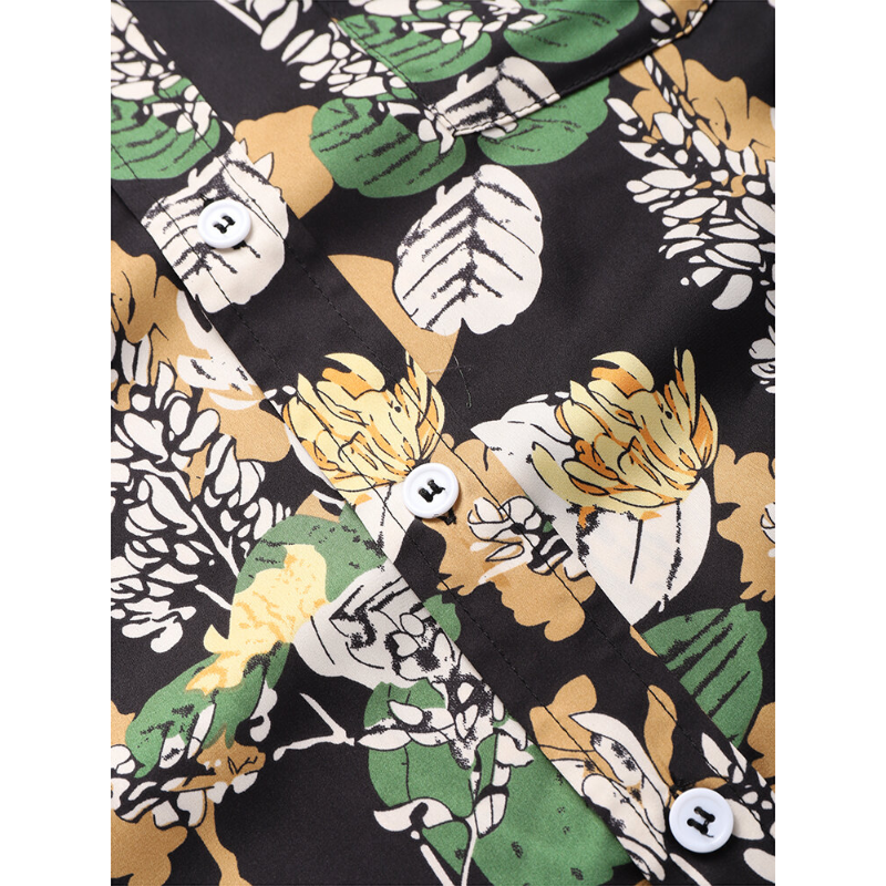 Mens Tropical Plant Leaves Print Short Sleeve Holiday Shirts