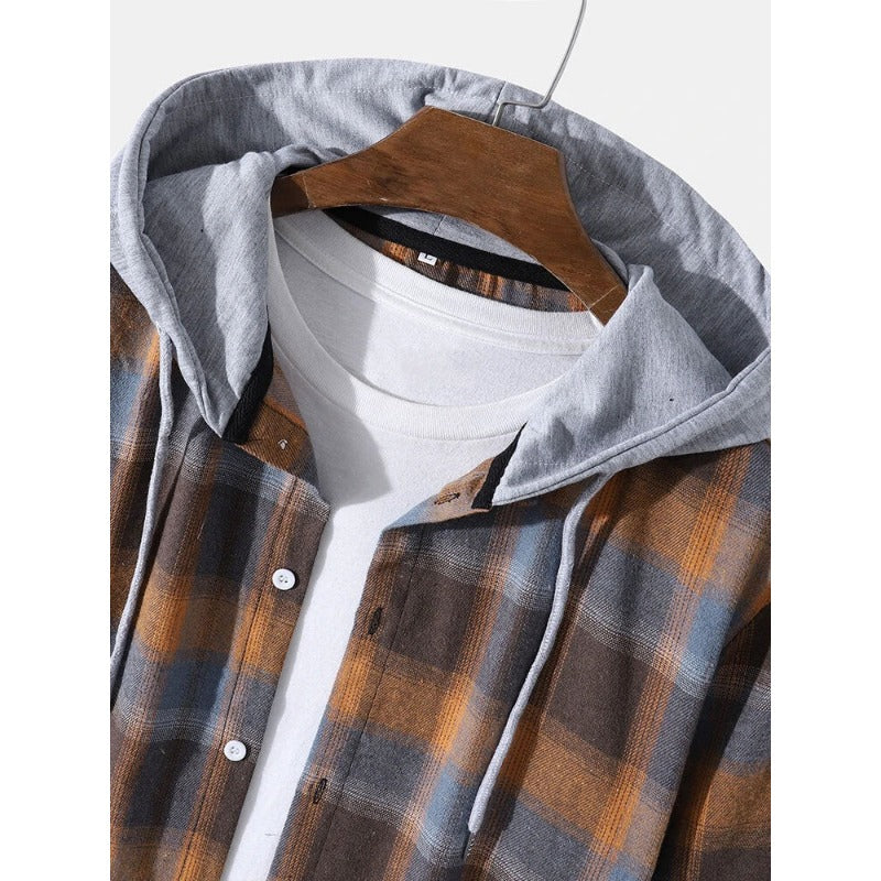 Casual Contrasting Color Hooded Regular Plaid Shirt Outdoor Shirt