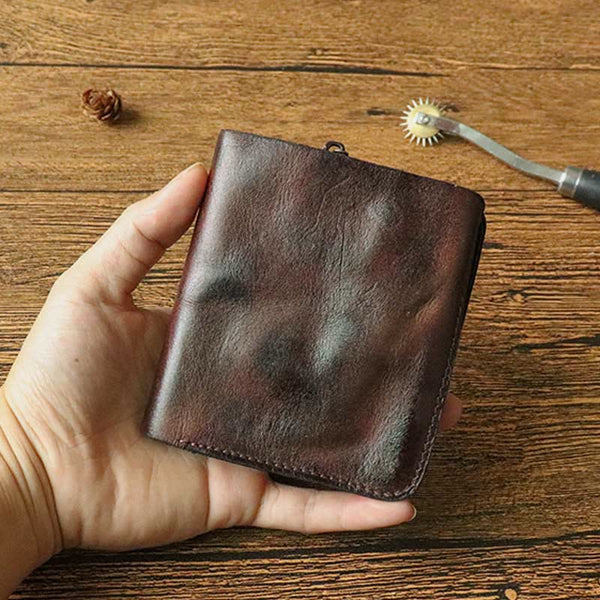 Men's Vintage Crinkled Leather Wallet Bifold Short Zipper Coin Card Holder