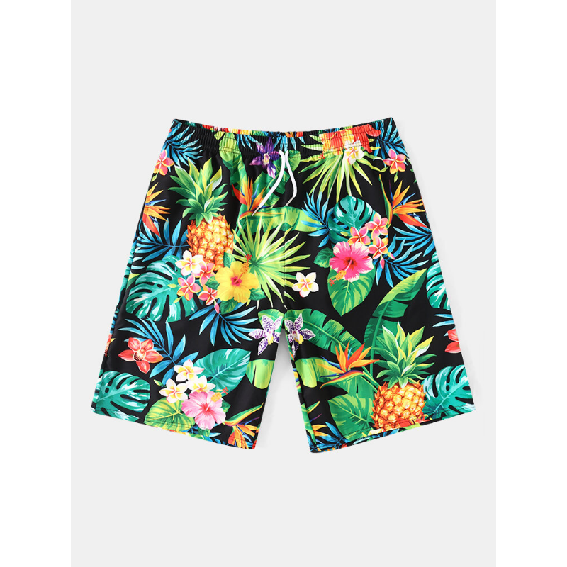 Mens Tropical Pineapple Print Holiday Mid Length Hawaii Style Drawstring Shorts