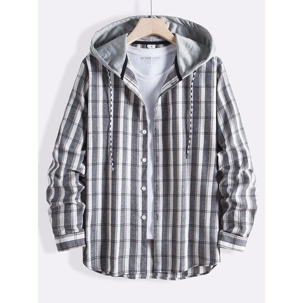 Men's Plaid Drawstring Hooded Lapel Casual Long Sleeve Shirt