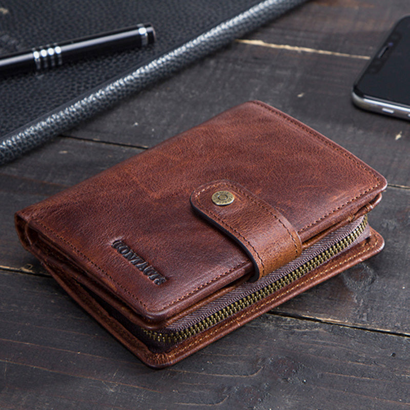 RFID Men's Genuine Leather Multi-Clasp Multi-Compartment Bifold Wallet