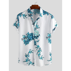 Mens Eastern Culture Porcelain Floral Printed Short Sleeve Casual Shirts