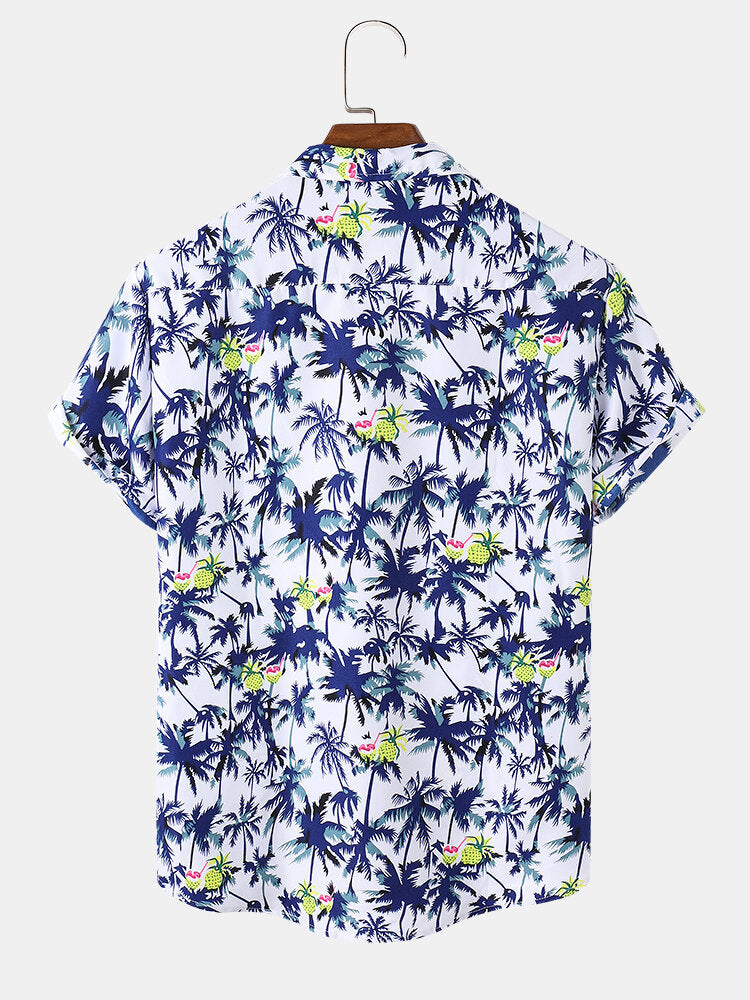 Men's Cotton Coconut Revere Collar Tree Print Short Sleeve Shirt