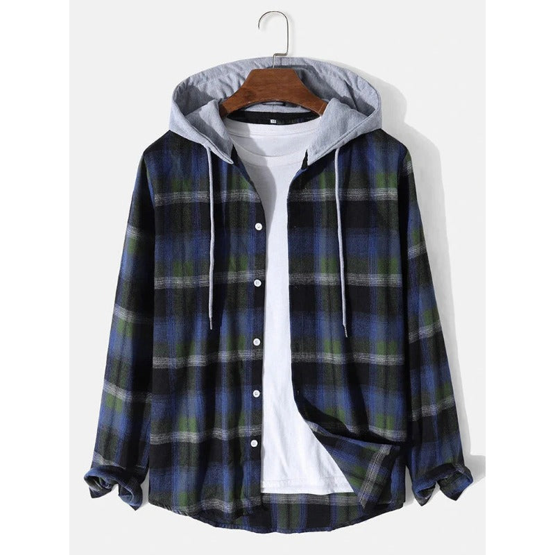 Casual Contrasting Color Hooded Regular Plaid Shirt Outdoor Shirt