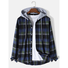 Casual Contrasting Color Hooded Regular Plaid Shirt Outdoor Shirt