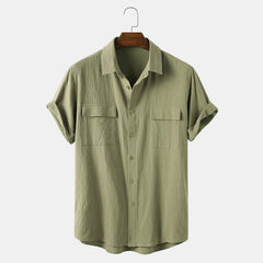 Men's Cotton Solid Color Double Pocket Casual Shirt