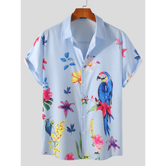 Men Birds & Flower Buttons Short Sleeve Lapel Casual Shirts