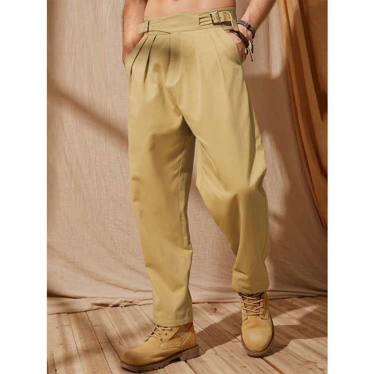 Men Solid Color Belted Buckle Designed Ankle Length Pants