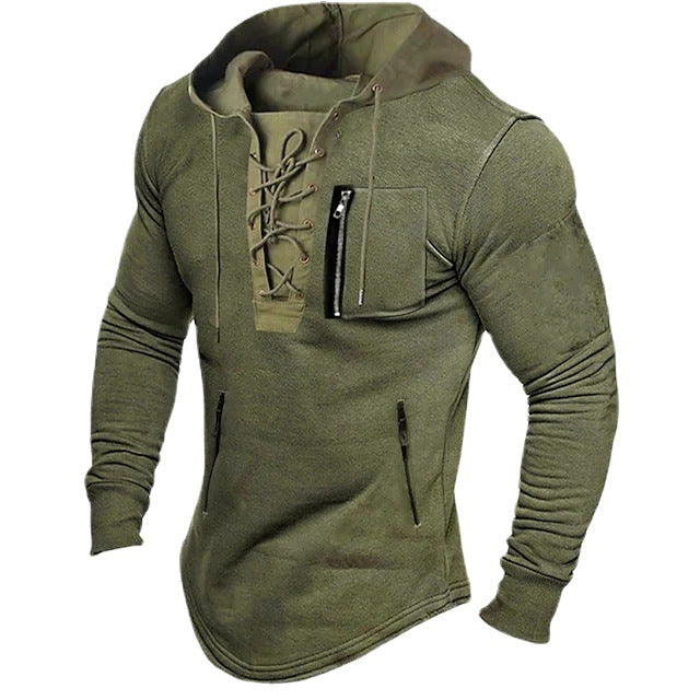 Men's Hoodie Solid Color Tied Zipper Pocket Sports Street Sweatshirt