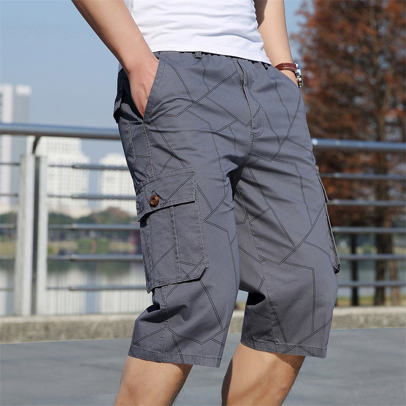 Summer Pure Cotton Men's Casual Seven-point Overalls Shorts Elastic Plaid Mid-pants