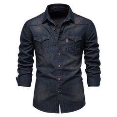 Denim Non-ironing Shirt Men's Casual Solid Color Long-sleeved Shirt