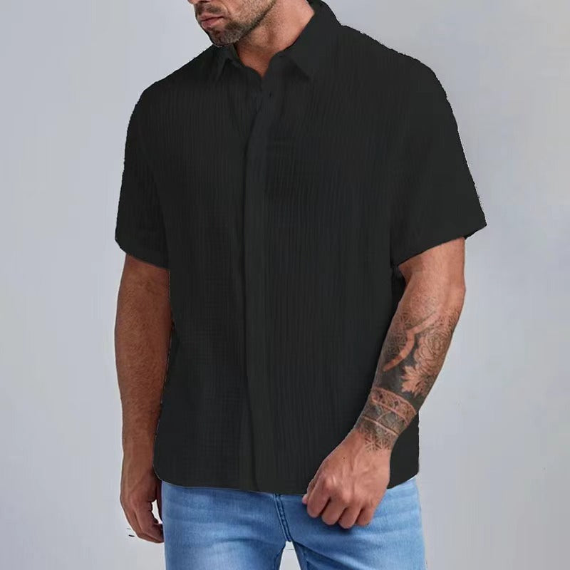 Men's Seersucker Wrinkle-Free Solid Color Casual Basic Short Sleeve Shirt