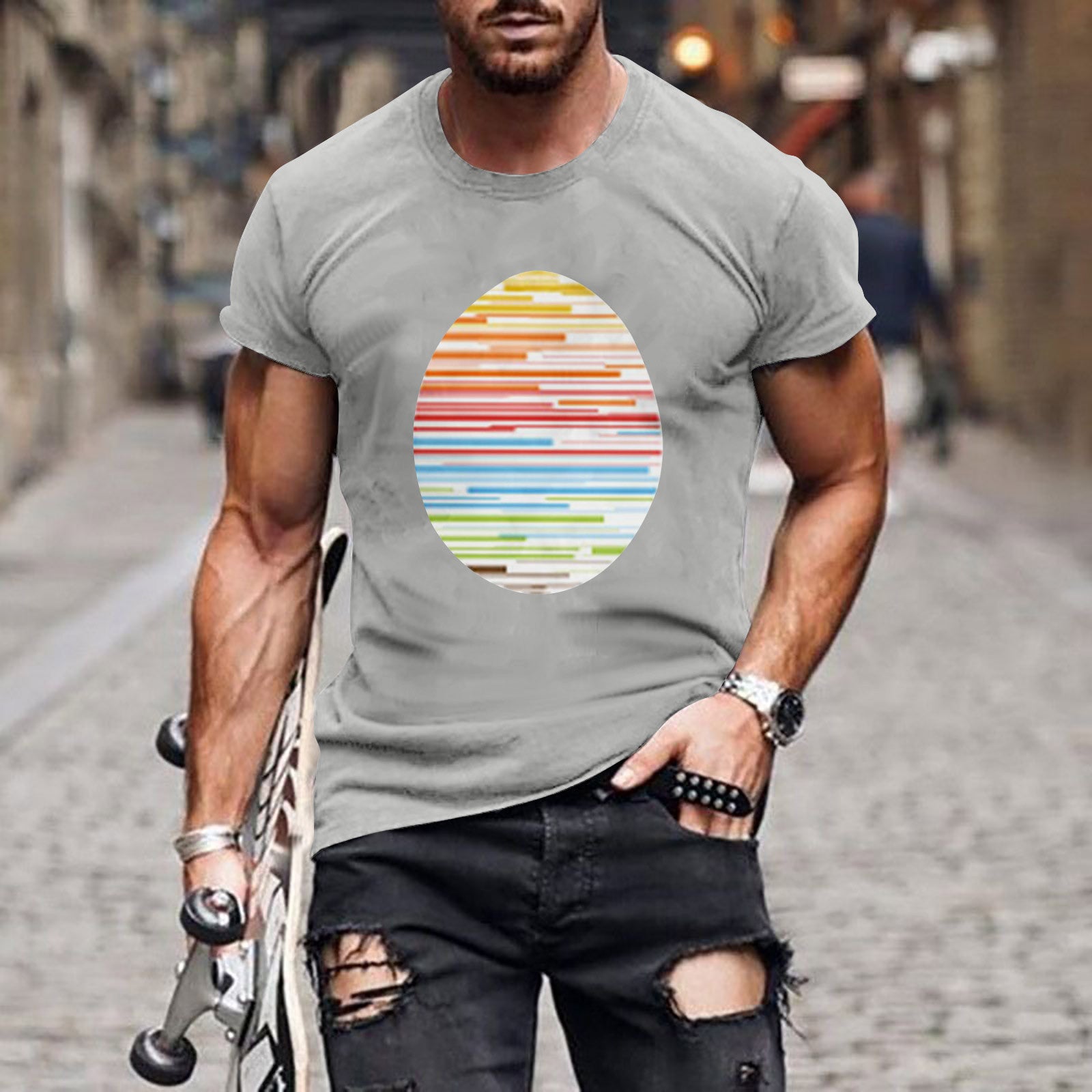 Men's Round Neck Short Sleeve 3D Printed Summer Easter Loose T-shirt