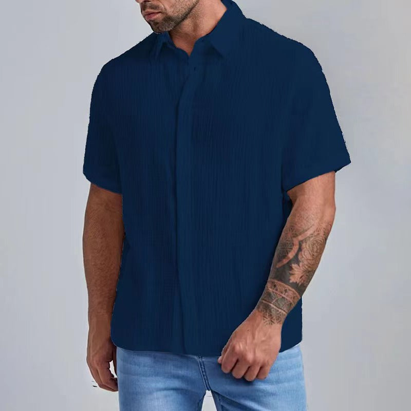 Men's Seersucker Wrinkle-Free Solid Color Casual Basic Short Sleeve Shirt