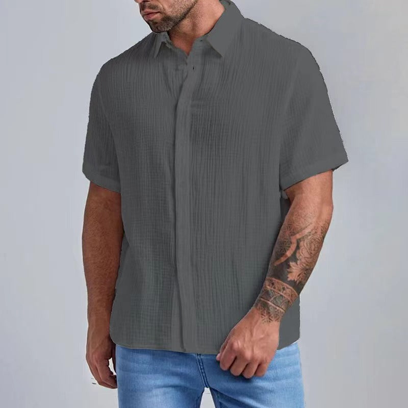 Men's Seersucker Wrinkle-Free Solid Color Casual Basic Short Sleeve Shirt